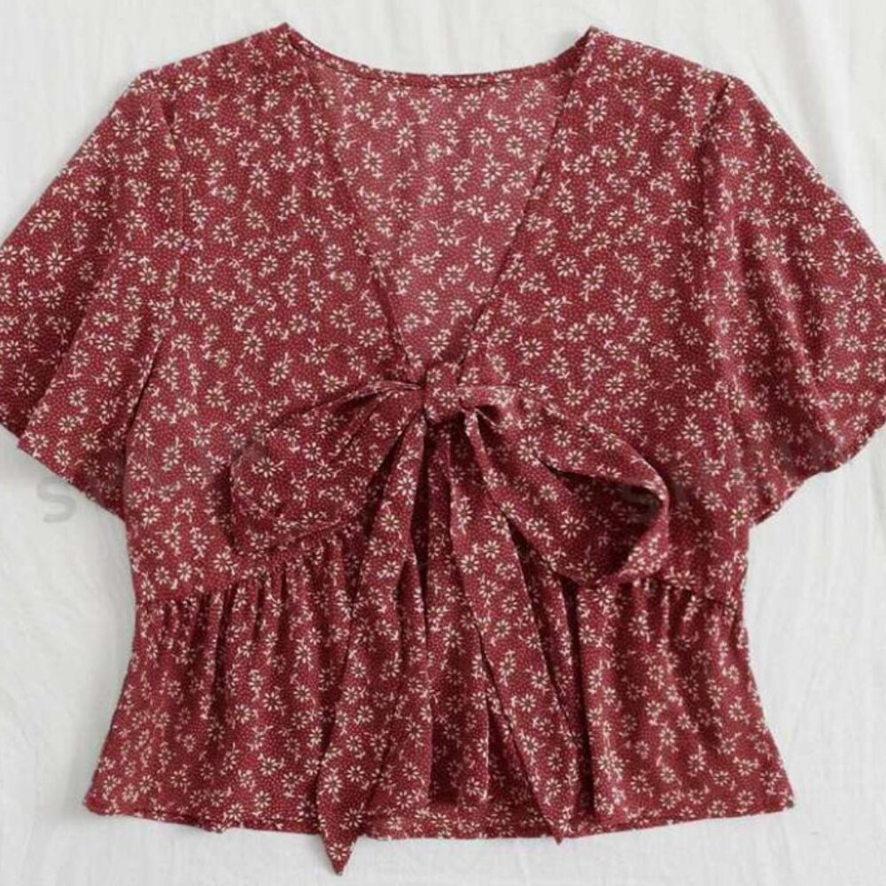 SHEIN Ditsy Floral Tie Front Peplum Blouse | Red